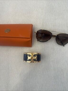 Tory Burch Navy and Gold Logo Enamel Cuff Bracelet